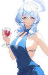 Rule 34 | 1girl, absurdres, ako (blue archive), ako (dress) (blue archive), blue archive, blue dress, blue eyes, blue hair, blue halo, breasts, cup, dress, fingernails, hair between eyes, halo, highres, holding, holding cup, large breasts, long hair, looking at viewer, meinoss, nail polish, official alternate costume, open mouth, purple nails, sideboob, simple background, sleeveless, sleeveless dress, solo, white background