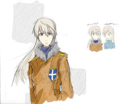 Rule 34 | 2girls, androgynous, aurora e. juutilainen, bad id, bad pixiv id, collar, cross, eila ilmatar juutilainen, emblem, hair between eyes, long hair, multiple girls, simple background, strike witches, strike witches: aurora no majo, uniform, very long hair, white background, world witches series