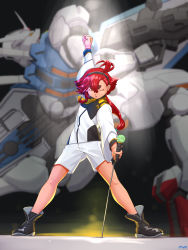 Rule 34 | 1girl, absurdres, ahoge, arm up, beam rifle, boots, clenched hand, closed eyes, commentary, dark background, energy gun, freddie mercury, freddie mercury&#039;s rage pose (meme), full body, gundam, gundam aerial, gundam suisei no majo, hairband, haro, highres, holding, holding microphone stand, long hair, low ponytail, mecha, meme, microphone, microphone stand, mobile suit, name connection, nanami nanao, parody, queen (band), red hair, robot, school uniform, shield, short hair, signature, spotlight, standing, suletta mercury, we will rock you, weapon