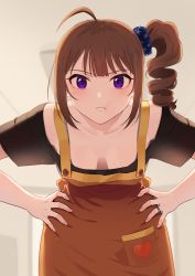 Rule 34 | 1girl, :t, ahoge, angry, apron, black shirt, blue scrunchie, breasts, brown apron, brown hair, closed mouth, commentary, downblouse, drill hair, frown, hair ornament, hair scrunchie, hands on own hips, heart, highres, idolmaster, idolmaster million live!, indoors, jewelry, kamille (vcx68), leaning forward, looking at viewer, medium breasts, medium hair, print scrunchie, purple eyes, ring, scrunchie, shirt, side drill, side ponytail, solo, standing, star (symbol), star print, t-shirt, wedding ring, yokoyama nao