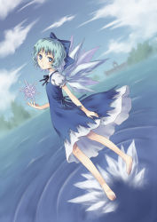 Rule 34 | 104 (luins104), 1girl, arm up, bad id, bad pixiv id, bare legs, barefoot, blue dress, blue eyes, blue hair, blue sky, blurry, bow, cirno, cloud, day, depth of field, dress, dutch angle, feet, full body, hair bow, highres, ice, lake, looking back, matching hair/eyes, ripples, scarlet devil mansion, shirt, short hair, sky, solo, touhou, tree, water, wings