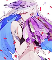 Rule 34 | 1girl, bare shoulders, blue hair, blush, breasts, brynhildr (cheer for master) (fate), brynhildr (fate), cheerleader, closed mouth, crop top, embarrassed, fate/grand order, fate (series), grey hair, hat, large breasts, long hair, looking at viewer, mo (mocopo), multicolored hair, navel, no bra, petals, pink eyes, pom pom (cheerleading), sideboob, simple background, skirt, solo, two-tone hair, white background