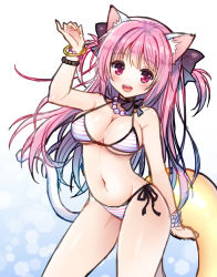 Rule 34 | 1girl, :d, animal ears, beads, bikini, bow, bracelet, breasts, cat ears, cat girl, cat tail, choker, cleavage, female focus, gradient background, hair bow, innertube, jewelry, large breasts, long hair, looking at viewer, mauve, navel, necklace, open mouth, original, pink hair, red eyes, side-tie bikini bottom, sketch, smile, solo, striped bikini, striped clothes, swim ring, swimsuit, tail, two side up