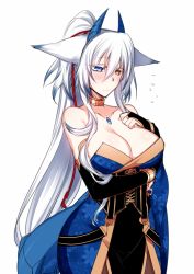 Rule 34 | 1girl, animal ears, bare shoulders, blue eyes, breast hold, breasts, bridal gauntlets, cleavage, dated, dragon horns, dragon tail, elbow gloves, embarrassed, female focus, flying sweatdrops, fox ears, gloves, hair between eyes, heterochromia, high ponytail, horns, japanese clothes, konshin, large breasts, long hair, orange eyes, orie hakua, pixiv fantasia, pixiv fantasia new world, ponytail, signature, silver hair, simple background, solo, tail, very long hair, white background