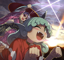 Rule 34 | 2girls, :d, ;d, animal ears, arm up, barefoot, blush stickers, choker, cloud, cloud print, cloudy sky, collared shirt, curly hair, eyebrows, from side, green eyes, green hair, hands up, hat, holding, holding needle, horizon, horns, japanese clothes, kimono, komano aunn, long hair, long sleeves, looking afar, mini person, minigirl, morning, multiple girls, needle, obi, one eye closed, open mouth, outdoors, outstretched arm, paw pose, purple hair, red eyes, red shirt, riding, sash, shirt, short hair, single horn, size difference, sky, smile, sukuna shinmyoumaru, sun, sunlight, sunrise, syope, teeth, toes, touhou, upper teeth only, wide sleeves