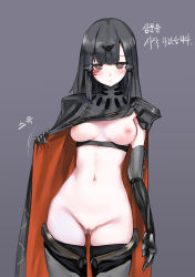 Rule 34 | 1girl, absurdres, armor, bad id, bad pixiv id, black dress, black hair, bottomless, breasts, brown eyes, censored, chest belt, clothes lift, dress, dress lift, expressionless, facial mark, girls&#039; frontline, headgear, highres, korean text, lifting own clothes, long hair, looking at viewer, mechanical arms, miramu (ramu450471), navel, nipples, nyto (girls&#039; frontline), adeline (girls&#039; frontline), paradeus, pussy, single mechanical arm, solo, thighhighs, translated