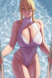 Rule 34 | 1girl, ahoge, artoria pendragon (all), artoria pendragon (fate), artoria pendragon (swimsuit ruler) (fate), artoria pendragon (swimsuit ruler) (second ascension) (fate), blonde hair, blush, breasts, cleavage, cleavage cutout, climbing ladder, clothing cutout, embroidery, fate/grand order, fate (series), green eyes, hair between eyes, highres, large breasts, lvl (sentrythe2310), one-piece swimsuit, pool ladder, poolside, solo, swimsuit, thick thighs, thighs, wet, white one-piece swimsuit
