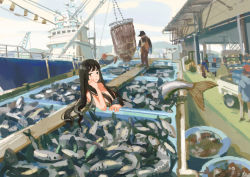 Rule 34 | 1girl, absurdres, black hair, blush stickers, boat, building, closed mouth, day, fish, hair over breasts, hat, head rest, highres, katakai, long hair, looking at viewer, mermaid, monster girl, motor vehicle, mountainous horizon, multiple others, original, outdoors, truck, warehouse, watercraft, wavy hair