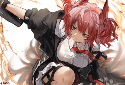 Rule 34 | 1girl, arknights, artist name, black jacket, black skirt, closed mouth, collared shirt, expressionless, feather hair, fiammetta (arknights), fire, highres, jacket, medium hair, necktie, off shoulder, red eyes, red hair, red necktie, shirt, skirt, sleeves past elbows, solo, suspenders, thigh strap, tie clip, white shirt, yipingtaopuzi