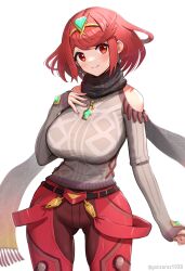 Rule 34 | 1girl, alternate costume, bare shoulders, blush, breasts, closed mouth, clothing cutout, cowboy shot, earrings, gluteal fold, gonzarez, grey sweater, highres, impossible clothes, impossible sweater, jewelry, large breasts, long sleeves, looking at viewer, necklace, pants, pyra (xenoblade), red eyes, red hair, red pants, short hair, shoulder cutout, simple background, sleeves past wrists, smile, solo, sweater, swept bangs, tiara, tight clothes, tight pants, twitter username, white background, xenoblade chronicles (series), xenoblade chronicles 2