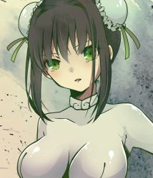 Rule 34 | 1girl, black hair, bodysuit, breasts, bun cover, chinese clothes, collarbone, colored eyelashes, commentary request, double bun, fate/grand order, fate (series), green eyes, hair bun, hotaru (candy), large breasts, looking at viewer, parted lips, qin liangyu (fate), sidelocks, simple background, skin tight, solo, taut clothes, upper body, white bodysuit