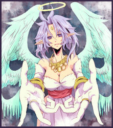 Rule 34 | 1girl, ahoge, angel wings, bare shoulders, black border, blue eyes, blue hair, border, bracelet, facial mark, filia (star ocean), filia (star ocean 2), forehead mark, foreshortening, gloves, halo, jewelry, koto (artr), matching hair/eyes, necklace, outstretched hand, philia (star ocean 2), pointy ears, short hair, smile, solo, star ocean, star ocean the second story, wings