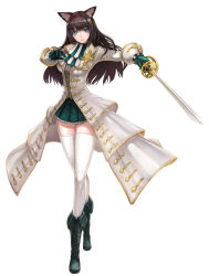 Rule 34 | 1girl, absurdres, animal ears, ascot, blue eyes, breasts, brown hair, cat ears, coat, dress, fencer, fencer (tree of savior), frilled skirt, frills, gloves, green gloves, hairband, highres, large breasts, long hair, long sleeves, looking at viewer, mhg (hellma), rapier, red hairband, scabbard, sheath, shirt, simple background, skirt, solo, sword, thighhighs, tree of savior, weapon, white thighhighs, zettai ryouiki