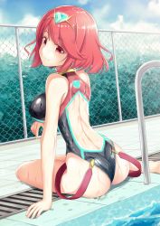 Rule 34 | 1girl, commentary request, competition swimsuit, day, from behind, highres, joko jmc, looking at viewer, nintendo, one-piece swimsuit, outdoors, pyra (pro swimmer) (xenoblade), pyra (xenoblade), red eyes, red hair, short hair, sitting, solo, swimsuit, wedgie, xenoblade chronicles (series), xenoblade chronicles 2