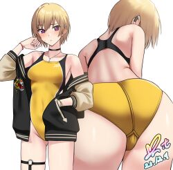 Rule 34 | 1girl, animal print, ass, ass focus, black choker, black jacket, blonde hair, breasts, choker, commission, competition swimsuit, cowboy shot, dated, from behind, hand in pocket, highres, idolmaster, idolmaster shiny colors, jacket, leaning forward, letterman jacket, medium breasts, multiple views, one-piece swimsuit, pixiv commission, purple eyes, saijo juri, short hair, signature, simple background, standing, swimsuit, tiger print, two-tone swimsuit, white background, yellow one-piece swimsuit, yoo tenchi