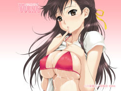 Rule 34 | 00s, 1girl, 2006, bikini, bikini under clothes, blush, braid, breast suppress, breasts, breasts squeezed together, brown eyes, brown hair, cleavage, clothes lift, covered erect nipples, finger to mouth, gradient background, grey hair, hair ribbon, happoubi jin, large breasts, long hair, looking at viewer, men&#039;s young, pinky out, red bikini, ribbon, shirt, shirt lift, sideboob, solo, squeezing, string bikini, suggestive fluid, sweat, swimsuit, swimsuit under clothes, underboob, upper body, wallpaper