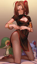 Rule 34 | 1girl, black eyes, blue eyes, breasts, brown hair, china dress, chinese clothes, chu love yun, cleavage cutout, clothing cutout, commentary request, creatures (company), crossover, derivative work, dress, dressing, facial mark, fate/grand order, fate (series), fishnet pantyhose, fishnets, forehead mark, game freak, gen 2 pokemon, gen 5 pokemon, gradient background, grey background, hair ornament, hair scrunchie, highres, jewelry, kneeling, marill, medium hair, multicolored eyes, nezha (fate), nintendo, open mouth, pantyhose, pokemon, pokemon (creature), red eyes, scrunchie, short sleeves, small breasts, snivy, soles, twintails, yellow background, yellow eyes