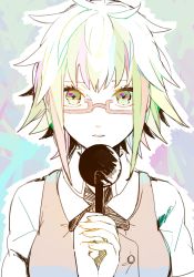 Rule 34 | 1girl, alternate costume, bad id, bad pixiv id, blouse, glasses, green eyes, green hair, gumi, holding, matching hair/eyes, mitsu yomogi, multicolored eyes, multicolored hair, red-framed eyewear, shirt, shiryoku kensa (vocaloid), short hair, solo, upper body, vocaloid