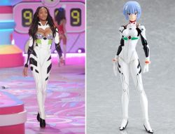 Rule 34 | 3girls, adapted costume, ass, ayanami rei, ayanami rei (cosplay), black hair, blue hair, blurry, bodysuit, bracer, breasts, cleavage, cleavage cutout, clothing cutout, comparison, cosplay, dark-skinned female, dark skin, depth of field, fashion, figure, full body, gloves, grey background, hair between eyes, hair ornament, hat, interface headset, lips, long hair, looking at viewer, multiple girls, narrow waist, neon genesis evangelion, photo (medium), pilot suit, plugsuit, reflection, short hair, small breasts, standing, thighhighs, turtleneck, walking, what, white legwear