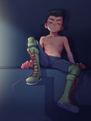 Rule 34 | 1boy, absurdres, bandage on face, bandages, batman (series), black hair, child, closed eyes, commentary, damian wayne, dc comics, english commentary, facing viewer, green footwear, highres, justnetd, male focus, muscular, muscular child, navel, robin (dc), short hair, sitting, sleeping, sleeping upright, solo, teeth, topless male