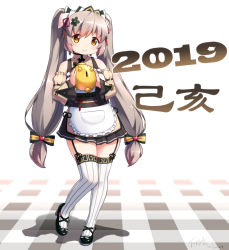 Rule 34 | 1girl, 2019, apron, bare shoulders, black flower, black footwear, blush, bow, brown dress, brown eyes, brown hair, brown skirt, chinese zodiac, closed mouth, commentary request, dated, detached sleeves, dress, flower, frilled apron, frills, hair between eyes, hair bow, hair flower, hair ornament, hair ribbon, head tilt, heart, heart hair ornament, high heels, highres, holding, juliet sleeves, langbazi, long hair, long sleeves, looking at viewer, new year, orange bow, original, pig, piggy bank, plaid, pleated skirt, puffy sleeves, red ribbon, ribbon, shadow, shoes, sidelocks, signature, skirt, sleeveless, sleeveless dress, smile, solo, standing, standing on one leg, striped bow, striped clothes, striped thighhighs, thighhighs, twintails, vertical-striped clothes, vertical-striped thighhighs, very long hair, white apron, white background, white thighhighs, wide sleeves, year of the pig