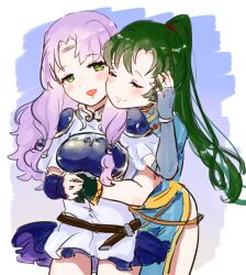 Rule 34 | 2girls, armor, belt, blue gloves, blush, breastplate, closed eyes, closed mouth, dress, fingerless gloves, fire emblem, fire emblem: the blazing blade, florina (fire emblem), gloves, green eyes, green gloves, green hair, hand on another&#039;s face, highres, holding hands, hug, hug from behind, long hair, looking at another, lyn (fire emblem), multiple girls, nintendo, open mouth, ponytail, purple hair, sakuramotikun, white dress, yuri