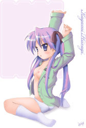 Rule 34 | 00s, 1girl, blush, breasts, flat chest, hiiragi kagami, kneeling, lucky star, nipples, open clothes, open shirt, pajamas, panties, shirt, small breasts, solo, tomusooya, underwear