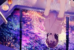 Rule 34 | 1girl, achiki, aerial fireworks, arm support, bare legs, bare shoulders, barefoot, brown hair, closed mouth, collarbone, commentary request, cup, dress, drinking glass, fireworks, hair ribbon, knees up, looking away, looking to the side, night, night sky, original, outdoors, purple eyes, reflection, ribbon, sitting, sky, sleeveless, sleeveless dress, smile, soaking feet, solo, spaghetti strap, water, white dress, white ribbon