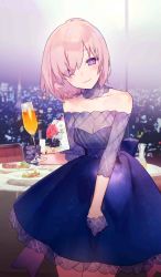 Rule 34 | 1girl, back bow, bare shoulders, bow, bright pupils, chaldea dinnertime, champagne flute, cityscape, closed mouth, cocktail dress, collarbone, commentary, cowboy shot, craft essence (fate), cup, detached collar, dress, drinking glass, fate/grand order, fate (series), food, formal, gloves, hair over one eye, half gloves, head tilt, holding, holding cup, indoors, looking at viewer, mash kyrielight, mash kyrielight (chaldea dinnertime), noco (adamas), official alternate costume, official art, plate, purple bow, purple dress, purple eyes, purple gloves, purple hair, purple theme, short hair, solo, standing, table