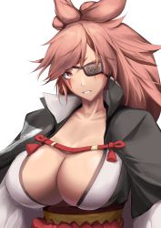 Rule 34 | 1girl, absurdres, baiken, breasts, cleavage, eyepatch, guilty gear, guilty gear xrd, highres, japanese clothes, kimono, large breasts, long hair, looking at viewer, pink hair, ponytail, portrait, samurai, smile, zeqqqqqk