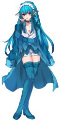 Rule 34 | 1girl, :d, blue bow, blue choker, blue coat, blue gloves, blue hair, blue thighhighs, bow, breasts, choker, cleavage, coat, coat on shoulders, creatures (company), fingerless gloves, full body, game freak, gen 1 pokemon, gloves, katagiri hachigou, long hair, medium breasts, nintendo, open mouth, personification, pokemon, purple eyes, shorts, simple background, smile, solo, thighhighs, vaporeon, very long hair, white background, white shorts