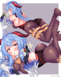 Rule 34 | 1girl, absurdres, ahoge, ass, ayannon yumme, bare shoulders, blue hair, blush, bodysuit, breasts, detached sleeves, eating, flower, from behind, ganyu (genshin impact), genshin impact, gloves, goat horns, highres, horns, huge ass, large breasts, leotard, long hair, looking at viewer, lying, multiple views, on stomach, pantyhose, purple eyes, revision, shiny clothes, shiny skin, sideboob, very long hair