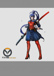 Rule 34 | 1girl, belt, belt pouch, blue hair, closed mouth, covered erect nipples, covered navel, fingernails, frown, hair between eyes, high heels, highres, holding, holding sheath, holding weapon, long hair, necktie, ninja, ootachi, orange eyes, original, overwatch, overwatch 1, patterned, patterned background, pouch, red neckwear, scabbard, school uniform, sheath, sheathed, standing, sword, torn, torn clothes, uniform, very long hair, wakizashi, weapon, zm