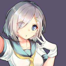 Rule 34 | 10s, 1girl, blue eyes, collarbone, eyes visible through hair, gloves, grey background, hair ornament, hair over one eye, hamakaze (kancolle), kantai collection, looking at viewer, mkiiiiii, school uniform, serafuku, shirt, silver hair, simple background, solo, upper body, white gloves, white shirt
