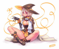 Rule 34 | 1girl, bare legs, black gloves, boots, breasts, cape, cleavage, dress, female focus, gloves, hat, indian style, jjune, large breasts, original, pink eyes, ribbon, shirt, silver hair, simple background, sitting, solo, witch hat, yellow dress