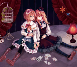 Rule 34 | 2girls, ace (playing card), ace of hearts, adapted costume, alice margatroid, alternate costume, bad id, bad pixiv id, blonde hair, blue eyes, boots, card, doll, dress, eight of diamonds (playing card), eye contact, female focus, fukahire (ruinon), hair ribbon, heart, kirisame marisa, light smile, looking at another, multiple girls, on floor, pantyhose, playing card, ribbon, shoes, sitting, touhou, yuri