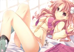 Rule 34 | 1girl, absurdres, animal print, bed, blue panties, blush, breasts, cameltoe, clenched hand, covered erect nipples, crop top, dutch angle, fat mons, fuuka (prism magical), grey socks, hair between eyes, hair ornament, hand on own chest, highres, huge filesize, impossible clothes, impossible shirt, indoors, knees up, long hair, long sleeves, looking at viewer, lying, midriff peek, mitsumomo mamu, no pants, on back, on bed, one side up, page number, panties, parted bangs, pillow, pink eyes, pink hair, pleated skirt, polka dot, pom pom (clothes), print socks, prism magical, rabbit print, scan, school uniform, shirt, signature, skirt, socks, solo, striped clothes, striped panties, surprised, underwear, unworn clothes, unworn skirt, vest, wavy hair, white panties