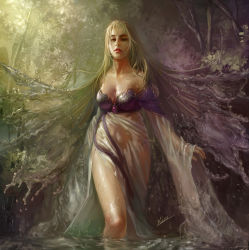 Rule 34 | 1girl, bad id, bad pixiv id, bare shoulders, blonde hair, blue eyes, breasts, cleavage, dress, forest, hins, large breasts, lips, long hair, long sleeves, nature, original, solo, standing, tree, water, wet
