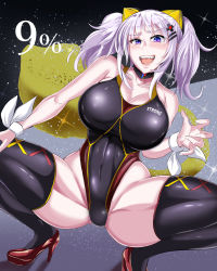 Rule 34 | 1girl, black thighhighs, blush, breasts, cleavage, competition swimsuit, highleg, highres, kaguya luna, large breasts, looking at viewer, one-piece swimsuit, puripuri jet, smile, solo, spread legs, squatting, swimsuit, teeth, the moon studio, thighhighs, twintails, virtual youtuber, white hair