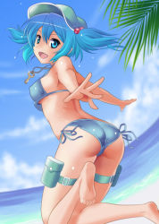Rule 34 | 1girl, :d, ass, bare shoulders, barefoot, bikini, blue bikini, blue eyes, breasts, cloud, day, female focus, fisheye, hair bobbles, hair ornament, hat, jewelry, jumping, kawashiro nitori, key, looking back, medium breasts, necklace, ocean, open mouth, outdoors, outstretched arms, outstretched hand, shimouki izui, short twintails, side-tie bikini bottom, sideboob, sky, smile, soles, solo, spread arms, strap gap, swimsuit, thigh strap, touhou, twintails, two side up
