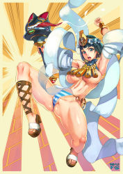 Rule 34 | 1girl, ancient princess menace, bandages, black hair, blue eyes, blunt bangs, breasts, crown, egyptian, egyptian clothes, f.s., highres, jewelry, large breasts, menace (queen&#039;s blade), menace (queen's blade), open mouth, panties, pelvic curtain, queen&#039;s blade, revealing clothes, sandals, scepter, see-through, serious, setra, short hair, shouting, smile, striped clothes, striped panties, sweat, thighs, toned, underboob, underwear, uraeus