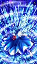 Rule 34 | 1girl, barefoot, blue dress, blue eyes, blue hair, bow, cirno, dress, fang, glowing, glowing eyes, hair ribbon, highres, hijikawa arashi, ice, ice wings, light trail, looking at viewer, matching hair/eyes, open mouth, outstretched arms, puffy sleeves, ribbon, shirt, short sleeves, sky, solo, touhou, wings, wrist cuffs
