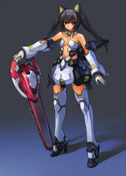 Rule 34 | 1girl, animal ears, armor, armored dress, bell, black hair, breasts, cat ears, center opening, chainsword, collar, detached collar, flyx2, gauntlets, joints, mecha, mecha musume, neck bell, red eyes, robot, robot joints, solo, twintails