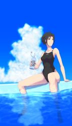 Rule 34 | 10s, 1girl, black hair, blue theme, bottle, breasts, caustics, cloud, competition swimsuit, day, highres, idolmaster, idolmaster (classic), idolmaster 2, kikuchi makoto, medium breasts, one-piece swimsuit, outdoors, pool, poolside, reflection, short hair, sitting, soaking feet, swimsuit, tetsuya mk2, water