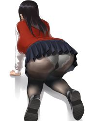 Rule 34 | 1girl, all fours, ass, black hair, breasts, cameltoe, freckles, from behind, highres, huge ass, large breasts, loafers, long hair, neri sachiko, original, panties, panties under pantyhose, pantyhose, school uniform, shoe soles, shoes, sideboob, simple background, skirt, solo, thighs, underwear, upskirt, white background