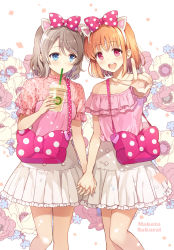 Rule 34 | 2girls, animal ears, artist name, bag, bare legs, blouse, blue eyes, blue flower, bow, collarbone, commentary, cover image, cup, diamond (shape), disposable cup, drink, drinking straw, drinking straw in mouth, fake animal ears, feet out of frame, flower, frilled skirt, frills, grey hair, hair bow, hand up, highres, holding, holding drink, holding hands, interlocked fingers, light blush, looking at another, looking at viewer, love live!, love live! sunshine!!, medium hair, mouth hold, multiple girls, off-shoulder shirt, off shoulder, open mouth, orange hair, pink bow, pink shirt, polka dot, polka dot bow, purple flower, red eyes, sakurai makoto (custom size), see-through, shirt, short sleeves, shoulder bag, skirt, stalk in mouth, takami chika, teeth, upper teeth only, v, watanabe you, white background, white skirt, yuri