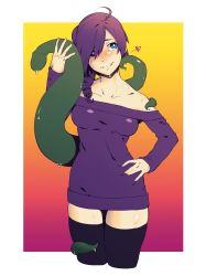 Rule 34 | 1girl, absurdres, bare shoulders, black thighhighs, blue eyes, blush, border, breasts, bright pupils, cropped legs, dyun, gradient background, hand on own hip, head tilt, heart, highres, legs together, medium breasts, off-shoulder sweater, off shoulder, original, outside border, purple hair, purple sweater, red background, smile, solo, sweat, sweater, tentacles, thighhighs, white border, white pupils, zone-tan