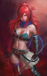 Rule 34 | 1girl, athenawyrm, bikini, bikini top only, blue scarf, boots, breasts, cleavage, contrapposto, erza knightwalker, erza scarlet, fairy tail, gauntlets, hair over one eye, highres, knee boots, medium breasts, midriff, navel, red eyes, red hair, scarf, serious, solo, staff, standing, swimsuit, thighhighs