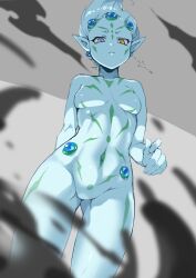 Rule 34 | 1boy, 2018, absurdres, ass, astral (yu-gi-oh!), blue eyes, blue skin, blush, body markings, bodypaint, closed mouth, colored skin, gluteal fold, heterochromia, highres, kurage444, looking at viewer, looking down, male focus, no visible genitalia, pointy ears, puffy chest, solo, tagme, trap, yellow eyes, yu-gi-oh!, yu-gi-oh! zexal