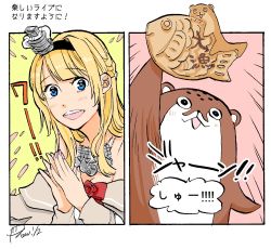 Rule 34 | 1girl, 1other, blonde hair, blue eyes, blunt bangs, bokukawauso, braid, commentary request, crown, dress, flower, food, french braid, jewelry, kantai collection, long hair, long sleeves, mascot, mini crown, necklace, off-shoulder dress, off shoulder, otter, own hands together, red flower, red ribbon, red rose, ribbon, rose, signature, split theme, taiyaki, translation request, upper body, wagashi, warspite (kancolle), white dress, yamada rei (rou)